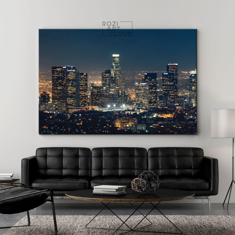 Los angeles skyline wall print for living room, california canvas art, city poster prints, night lights canvas, landscape prints
