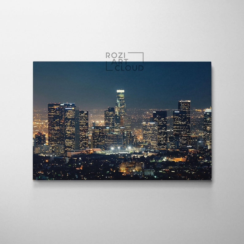 Los angeles skyline wall print for living room, california canvas art, city poster prints, night lights canvas, landscape prints