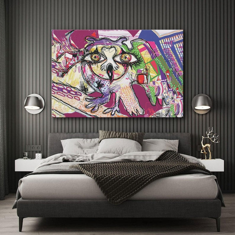 Owl abstract wall art, colorful canvas print, futuristic art print, large modern art, wall decor living room, best friend gifts