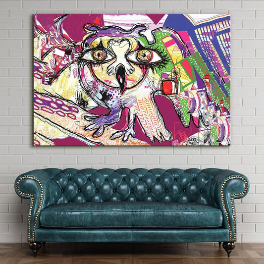 Owl abstract wall art, colorful canvas print, futuristic art print, large modern art, wall decor living room, best friend gifts