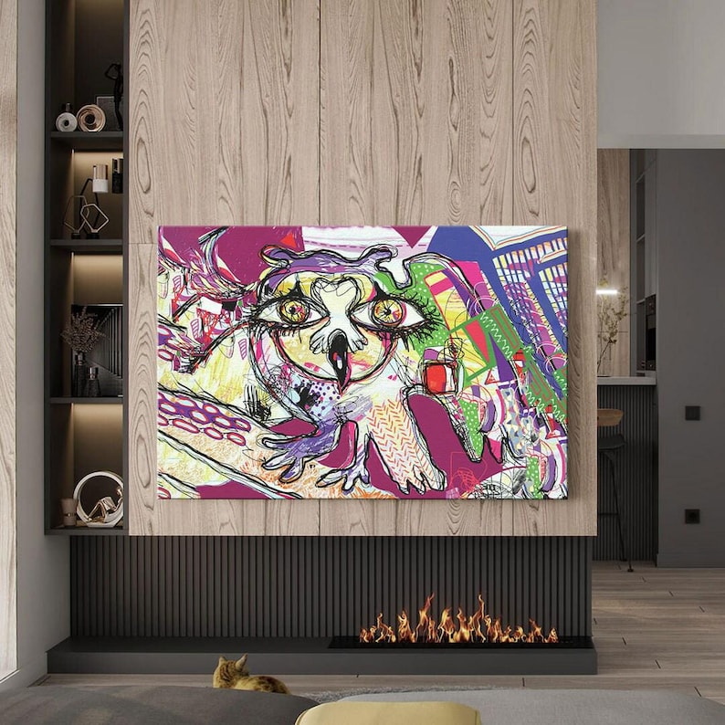 Owl abstract wall art, colorful canvas print, futuristic art print, large modern art, wall decor living room, best friend gifts