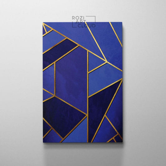 Geometric abstract canvas print, blue and gold abstract minimalist wall art framed canvas print, modern poster print home decor
