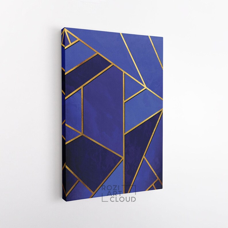 Geometric abstract canvas print, blue and gold abstract minimalist wall art framed canvas print, modern poster print home decor