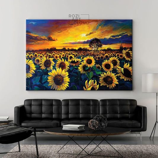 Sunflower decor wall art, sunset art poster, landscape artwork, nature lover gift, large canvas wall art