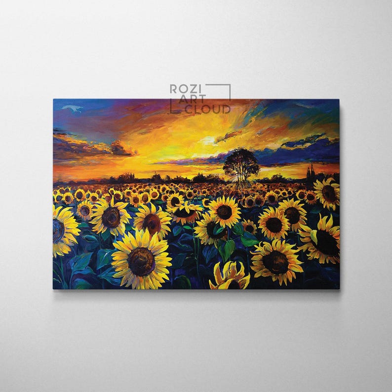 Sunflower decor wall art, sunset art poster, landscape artwork, nature lover gift, large canvas wall art