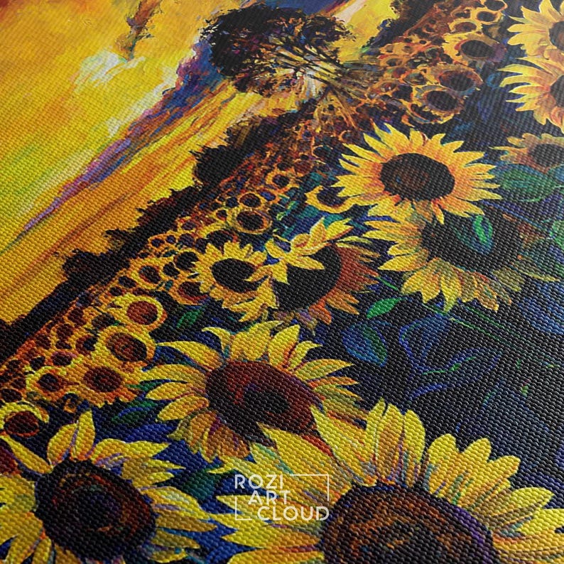 Sunflower decor wall art, sunset art poster, landscape artwork, nature lover gift, large canvas wall art