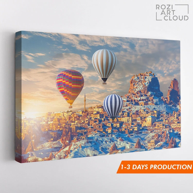 Hot air balloon wall art, sunset art print, large architecture canvas, turkey art prints, bedroom framed art