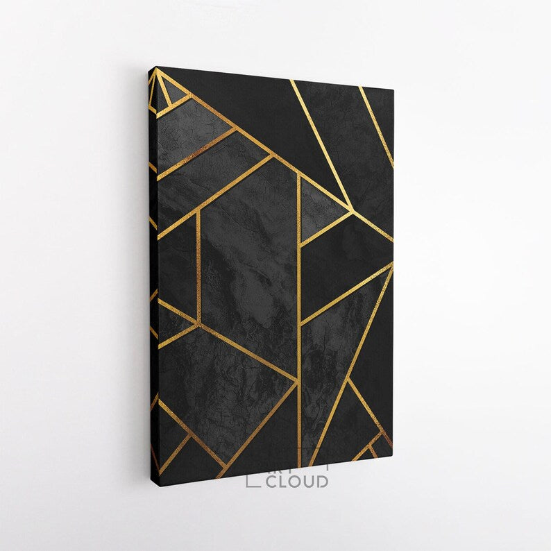 Abstract geometric canvas poster, black and gold abstract minimalist wall art framed canvas print, modern poster print home decor