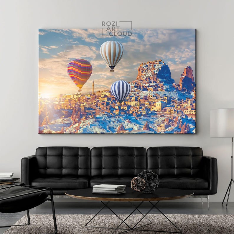 Hot air balloon wall art, sunset art print, large architecture canvas, turkey art prints, bedroom framed art