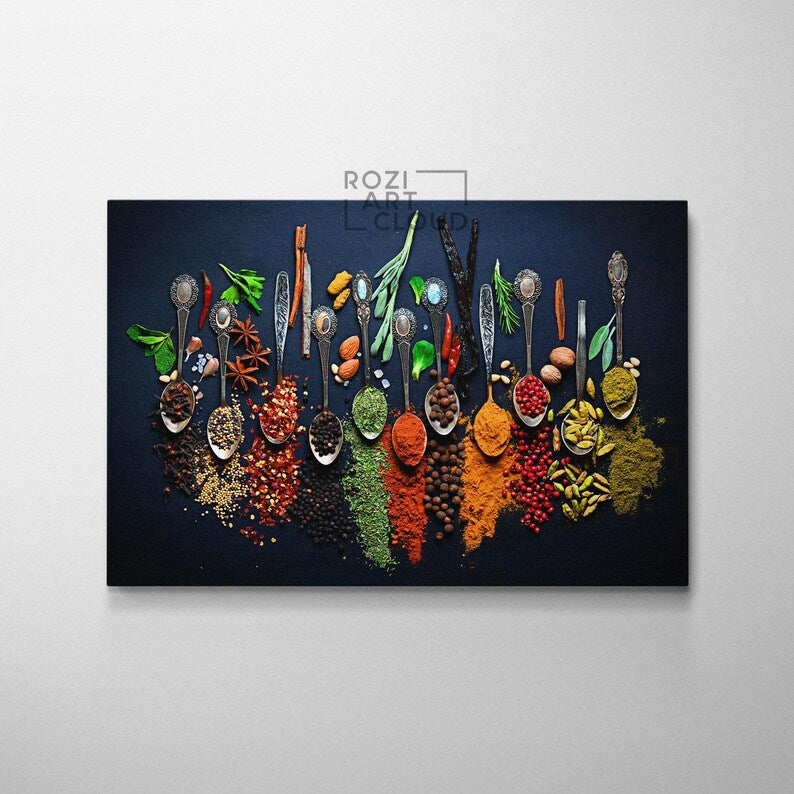 Coloful kitchen spice wall art, food art print, herbs poster canvas, cooking art printables