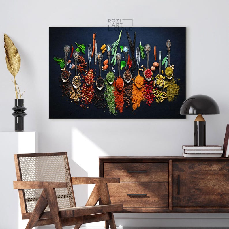 Coloful kitchen spice wall art, food art print, herbs poster canvas, cooking art printables