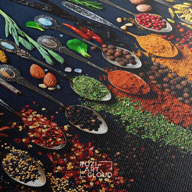 Coloful kitchen spice wall art, food art print, herbs poster canvas, cooking art printables