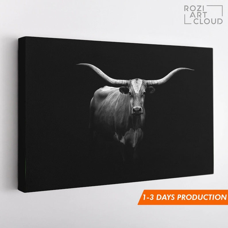 Longhorn cow farmhouse wall art black white, animal canvas prints, wall hanging for living room, cow art prints