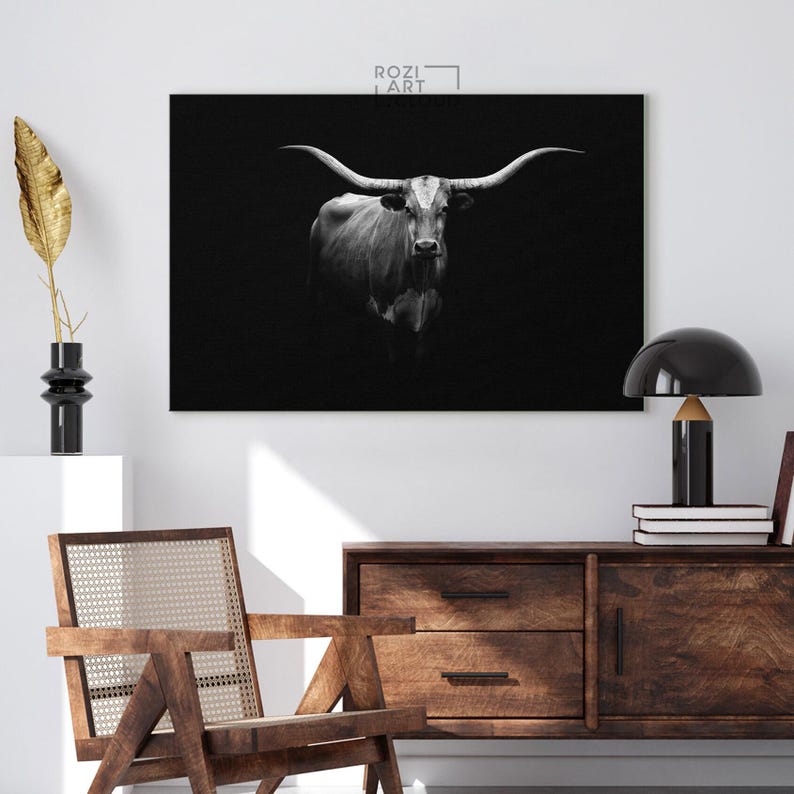 Longhorn cow farmhouse wall art black white, animal canvas prints, wall hanging for living room, cow art prints