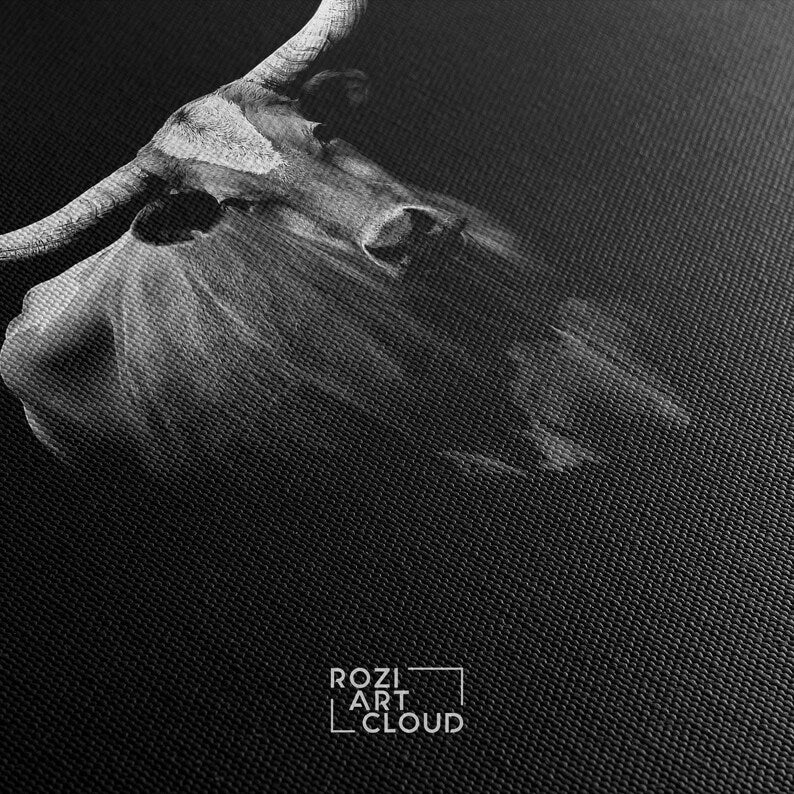 Longhorn cow farmhouse wall art black white, animal canvas prints, wall hanging for living room, cow art prints