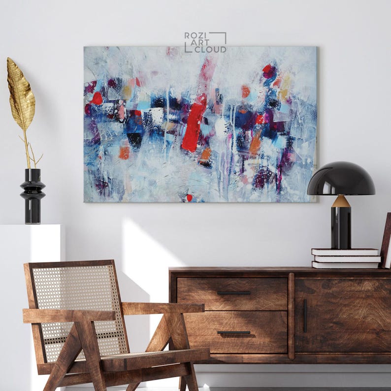 Colorful abstract wall art, white canvas print, wall decor living room, large modern art, painting on canvas, framed art prints