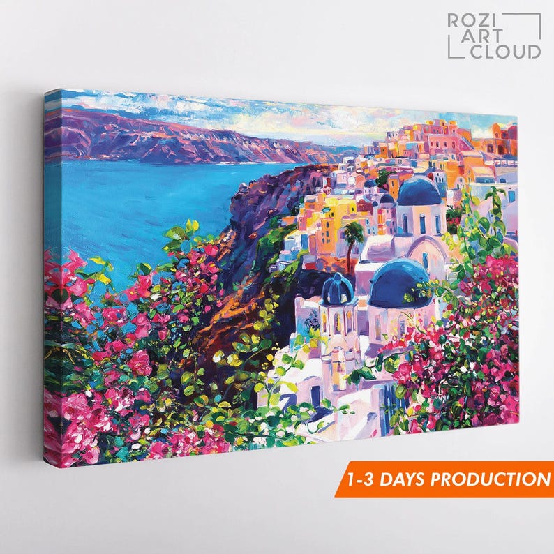 Santorini wall art, painting on canvas, greece modern wall art for living room, contemporary canvas, luxury wall prints, home gift