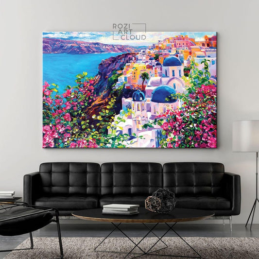 Santorini wall art, painting on canvas, greece modern wall art for living room, contemporary canvas, luxury wall prints, home gift