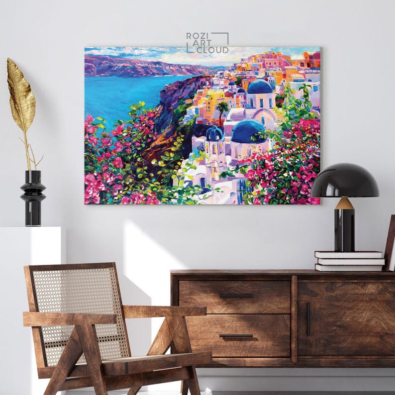 Santorini wall art, painting on canvas, greece modern wall art for living room, contemporary canvas, luxury wall prints, home gift