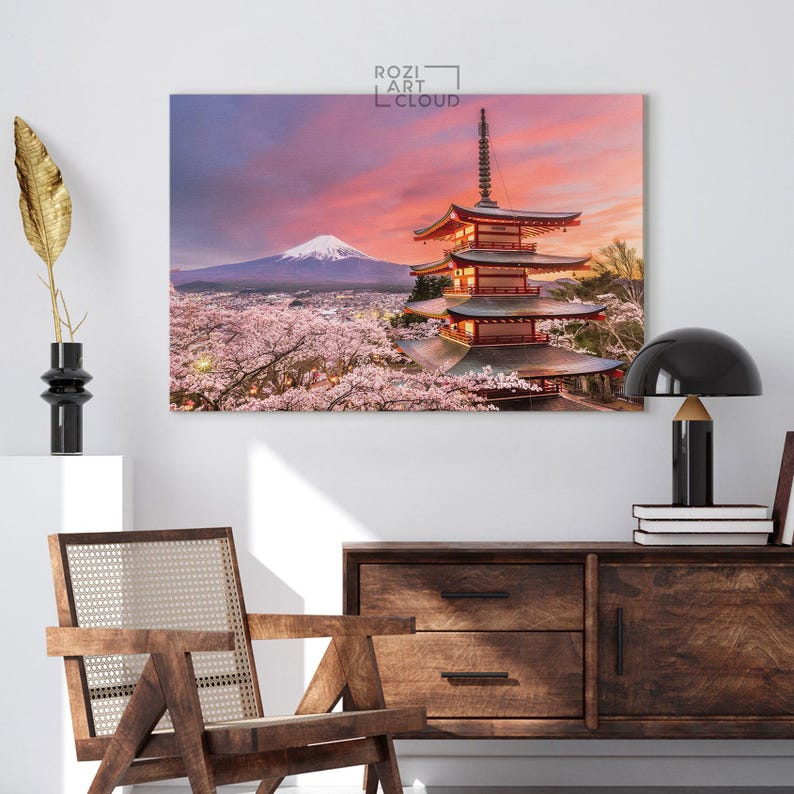Fuji mountain wall art, japan art prints, cherry blossom canvas, contemporary house interior decor, large modern art, spring decor