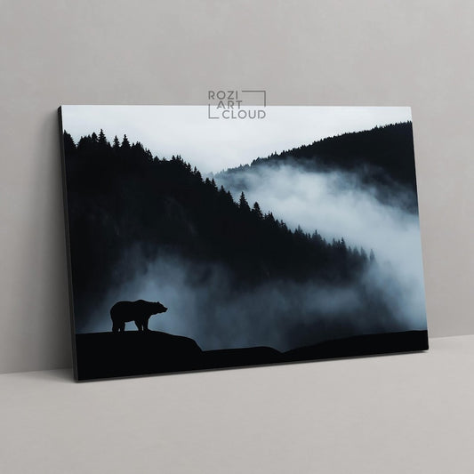 Misty mountain forest bear wall art canvas print, animal nature scene in black and white, modern decor for living room & office