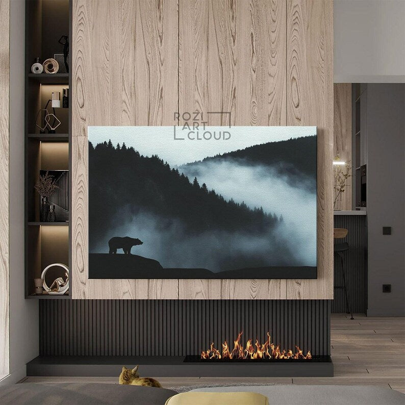 Misty mountain forest bear wall art canvas print, animal nature scene in black and white, modern decor for living room & office