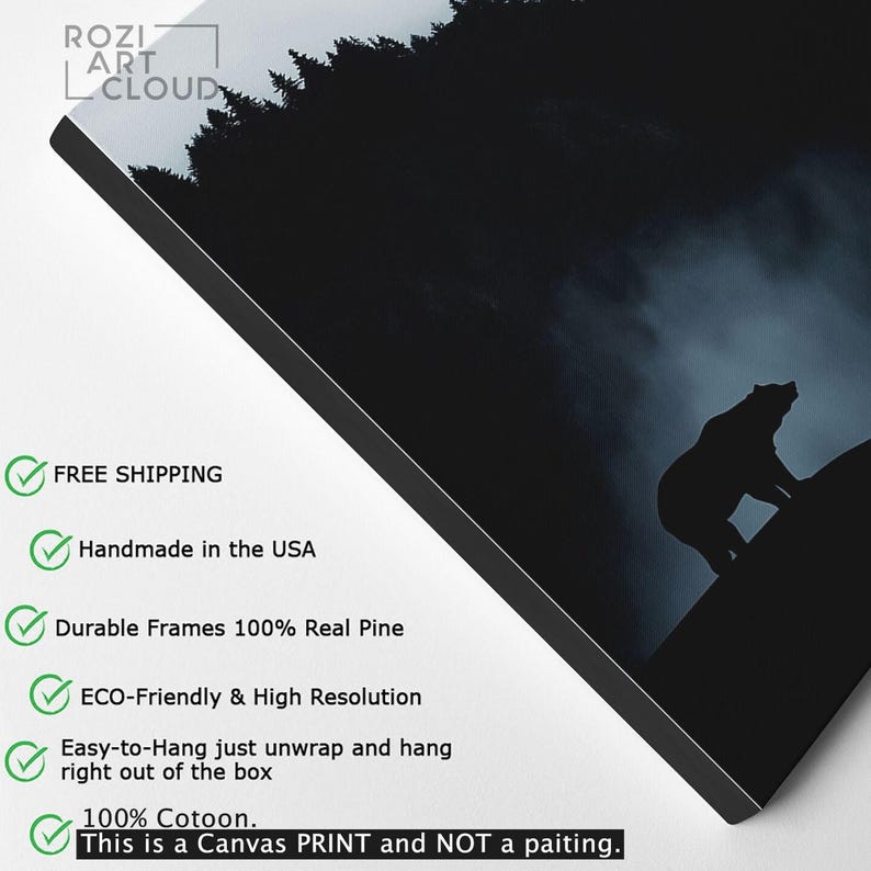 Misty mountain forest bear wall art canvas print, animal nature scene in black and white, modern decor for living room & office