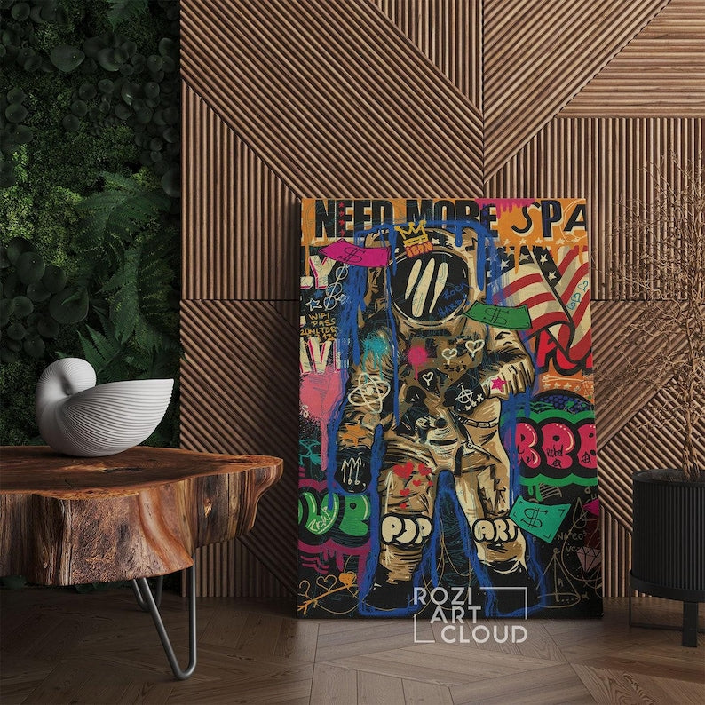 Astronaut pop art prints, graffiti wall art. banksy canvas art, colorful street art printables, man cave decor poster