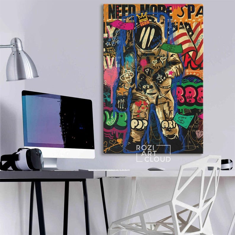 Astronaut pop art prints, graffiti wall art. banksy canvas art, colorful street art printables, man cave decor poster