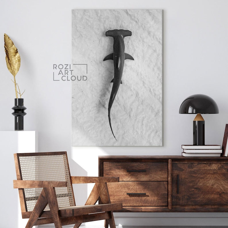 Hammerhead shark art prints, ocean canvas art, fish poster print, black and white canvas, large modern art, wall decor living room