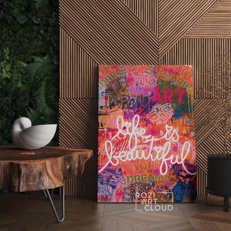 Banksy street art, trendy graffiti wall art canvas print, modern pop art, quote life is good neon sign