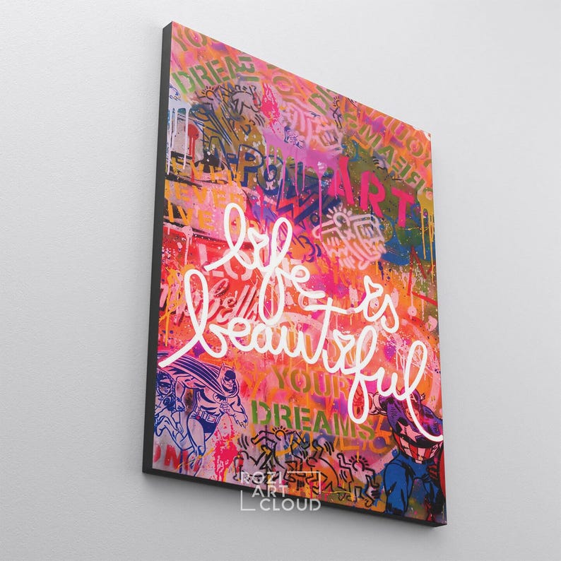 Banksy street art, trendy graffiti wall art canvas print, modern pop art, quote life is good neon sign