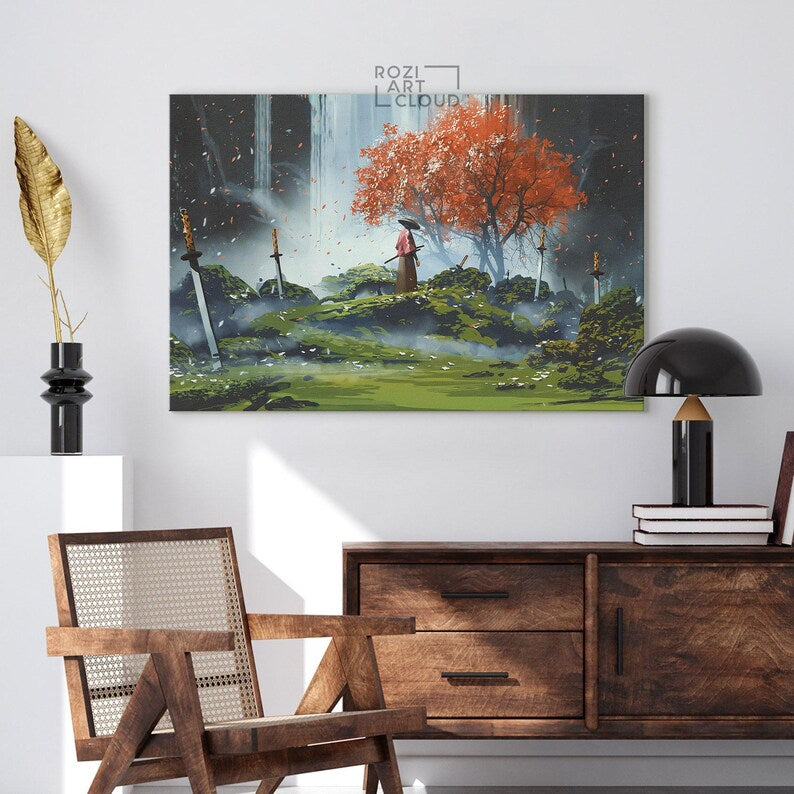 Japanese samurai wall art, nature art prints, modern wall art for living room, landscape canvas prints, best friend gifts