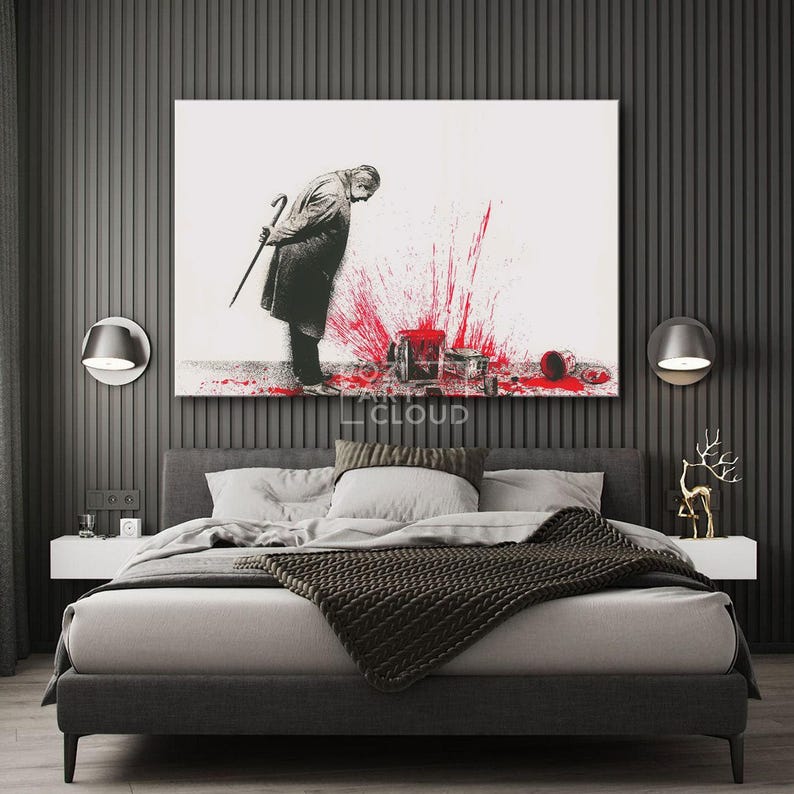 Black and white wall art, graffiti street art canvas, red art prints, contemporary canvas, modern interior decor, artwork for living room