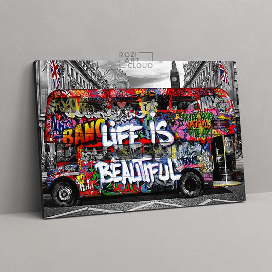 Graffiti street art wall decor, graffiti art print, abstract canvas art, colorful bus decor, motivational wall art, england artwork