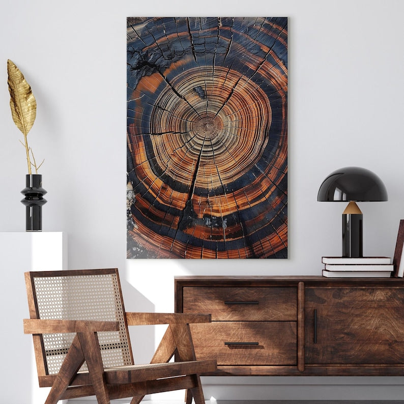 Abstract Tree Ring Wall Art | Burnt Wood Slice Canvas Print | Rustic Modern Home Decor Boho