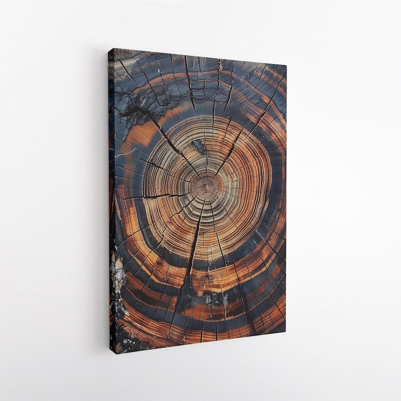 Abstract Tree Ring Wall Art | Burnt Wood Slice Canvas Print | Rustic Modern Home Decor Boho