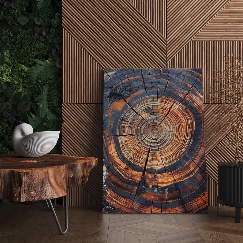 Abstract Tree Ring Wall Art | Burnt Wood Slice Canvas Print | Rustic Modern Home Decor Boho