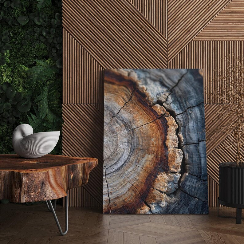 Abstract Tree Ring Wood Grain Canvas Wall Art | Rustic Nature Print | Earthy Tone Home Decor Boho