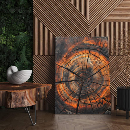 Orange Black Abstract Tree Ring Canvas Print, Modern Wood Slice Wall Art, Rustic Nature Home Decor Boho