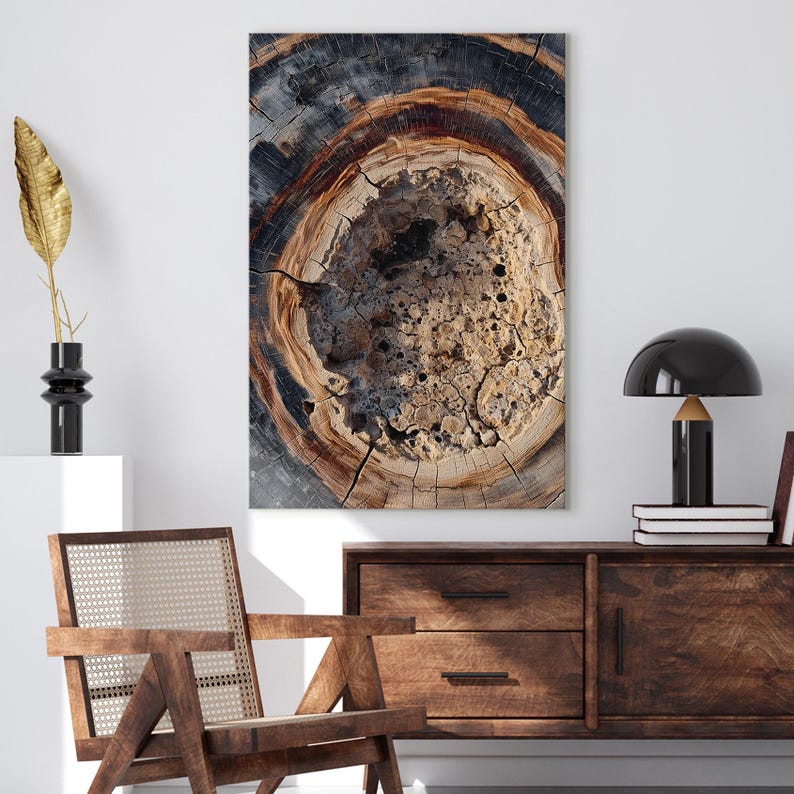 Petrified Wood Tree Ring Wall Art, Abstract Nature Canvas Print, Rustic Home Decor Print Boho