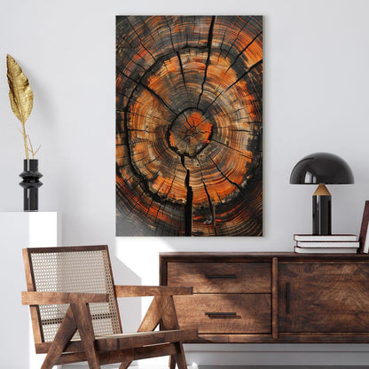 Abstract Tree Ring Canvas Print, Rustic Wood Slice Wall Art, Nature Decor, Earthy Orange & Black Print