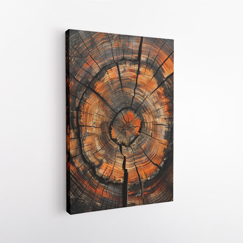 Abstract Tree Ring Canvas Print, Rustic Wood Slice Wall Art, Nature Decor, Earthy Orange & Black Print