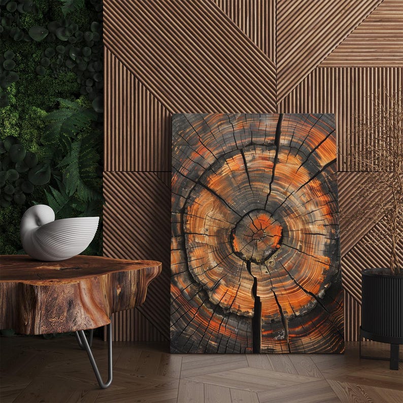 Abstract Tree Ring Canvas Print, Rustic Wood Slice Wall Art, Nature Decor, Earthy Orange & Black Print