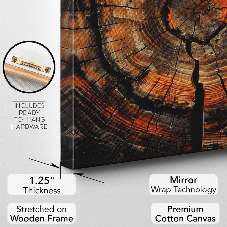 Abstract Tree Ring Canvas Print, Rustic Wood Slice Wall Art, Nature Decor, Earthy Orange & Black Print