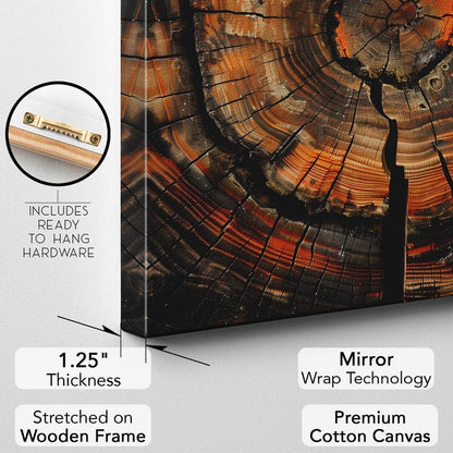 Abstract Tree Ring Canvas Print, Rustic Wood Slice Wall Art, Nature Decor, Earthy Orange & Black Print