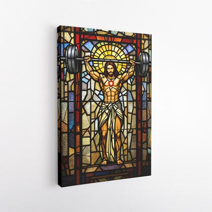 Stained Glass Weightlifting Jesus Canvas Print | Unique Religious Gym Art | Funny Workout Decor | Christian Home Wall Art