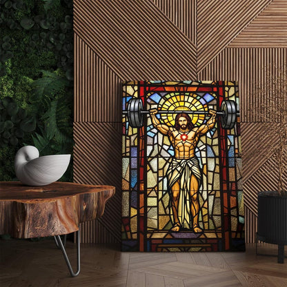Stained Glass Weightlifting Jesus Canvas Print | Unique Religious Gym Art | Funny Workout Decor | Christian Home Wall Art