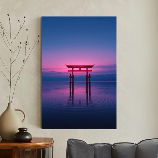 Japanese Torii Gate Canvas Print, Pink Sunset Floating Gate Wall Art, Serene Japan Landscape Art for Home Decor