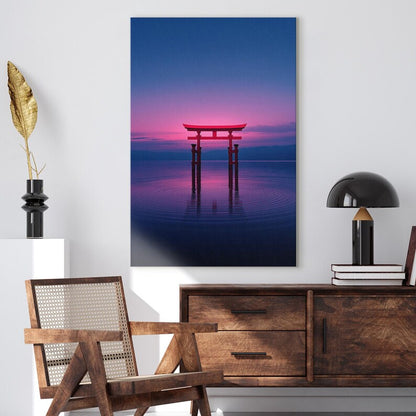Japanese Torii Gate Canvas Print, Pink Sunset Floating Gate Wall Art, Serene Japan Landscape Art for Home Decor